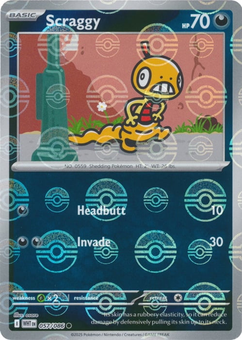 White Flare Scraggy #57/86 Pokeball Holo